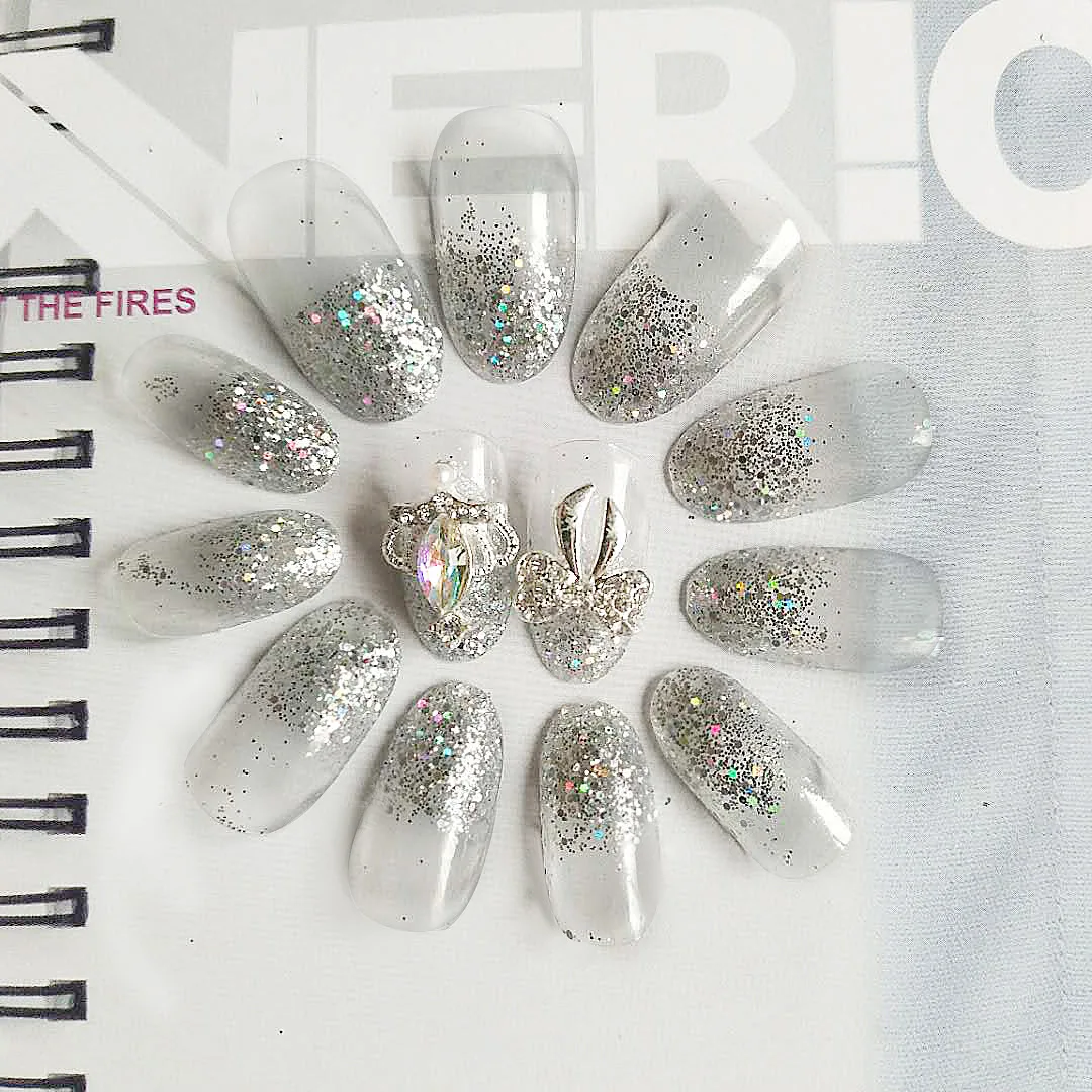 Nusx 24pcs Ladies Fake Nails Transparent Floral Beads Decor DIY Full Cover Pointed Head Bride False 2