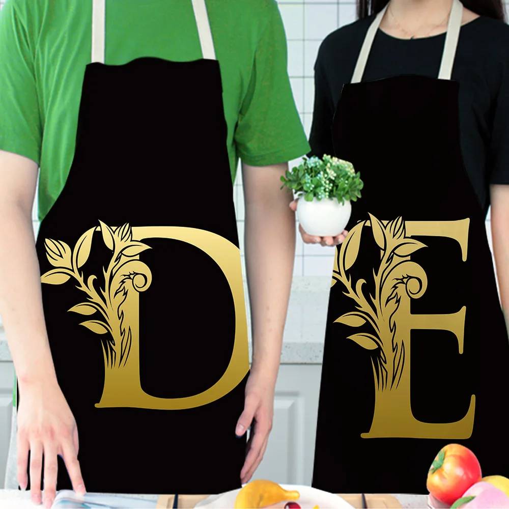 Yellow English Letter Flowers Printed Linen Sleeveless Aprons Woman Man Kitchen Supplies Cooking Baking Coffee Shop Accessories