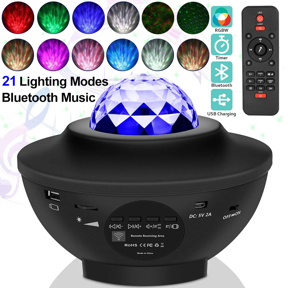 

LED Star Night Light Bluetooth Music Player Water Wave Projector with 21 Lighting Modes Remote Control Timer USB Powered D30
