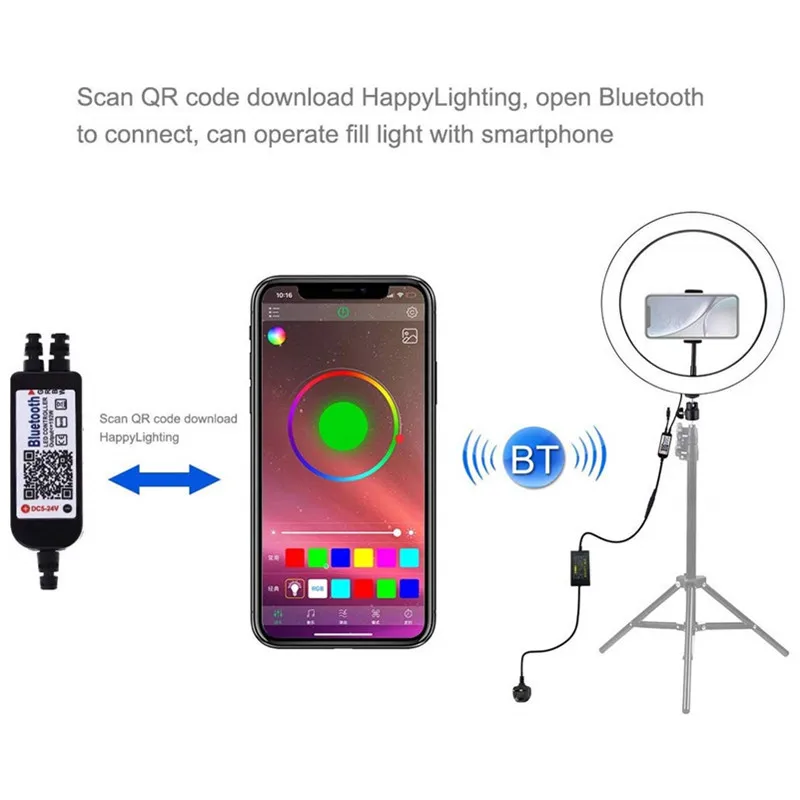 12 дюймовая цветная (RGB) кольцевой светильник светодиодный Bluetooth APP Дистанционное