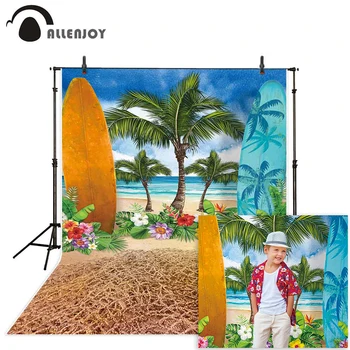 

Allenjoy summer surfing background for photo studio surfboard tree flowers beach sea painting photography backdrop photophone