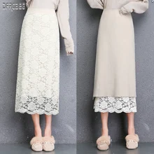 Новая осенняя одежда с обеих сторон до середины икры Женская вязаная юбка Зимняя эластичная талия корейский стиль Женская средняя кружевная юбка Femme
