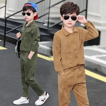 

Children Clothing Sets Spring Boys Casual Corduroy Suit Turn-down Collar Tops+ Pants 2Pcs For 4 6 8 10 12 Years Kids Boys Wear