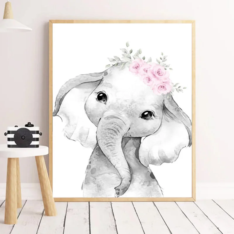 Póster personalizado con nombre de bebé para guardería, lienzo de pintura con impresión de flores rosas, animales, arte de pared para decoración de dormitorio de niñas - Imagen 5