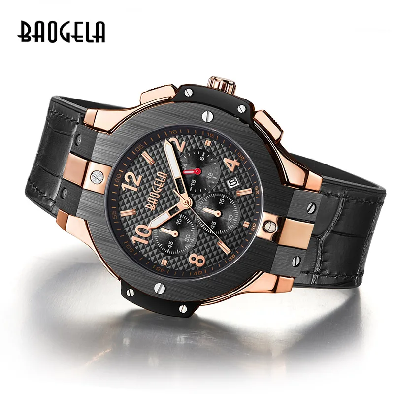 BAOGELA marque hommes montre кварцевые montre или bande de caoutchouc 3ATM rеsistant с chronographe hommes кварц 1909