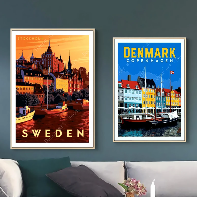 Affiche murale en toile de peinture Vintage, autocollant mural décoratif  pour la maison, copenhague, suède, danemark, carte de voyage | AliExpress