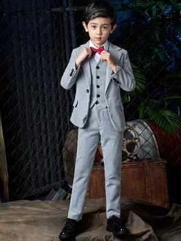 

YuanLu 2019 Boys Suits Blazer Coat Formal Costume Blazer Vest Pants Wedding Party Piano Toddler Clothes Shiny Silver
