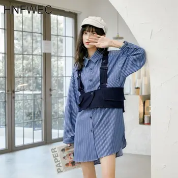 

2020 New Spring Lapel Single Breasted Mid-length Shirt And Strap Vest Two-piece Women Vintage Shirt Dress Tide V116