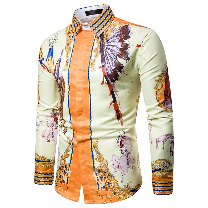 Роскошные Королевские мужские рубашки с принтом в виде короны, приталенные рубашки с длинным рукавом и цветочным принтом, мужские деловые рубашки, уличная одежда, M-3XL - Color: C534