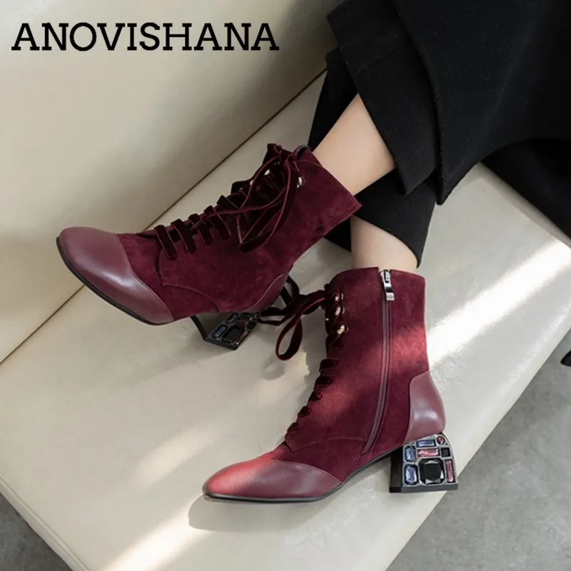 

ANOVISHANA Brand Genuine leather Lace up Boots block Crystal heels Elegant Women High heels booties Black Wine red botte femme