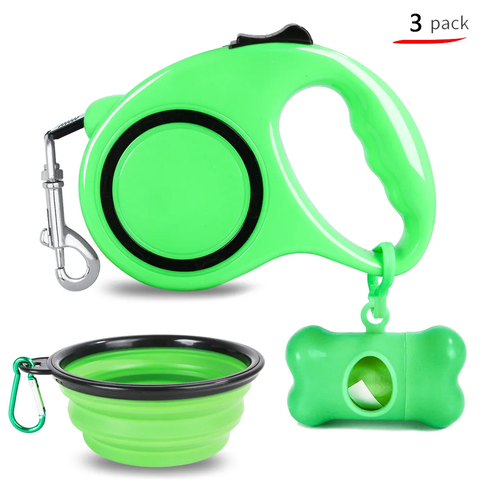Dog Leash Folding Bowl Poop Garbage Holder 3 In1 Set 5m Retractable Automatic Dog Leash 350ml Folding Feeder Bowls Pet Supplies - Цвет: Green