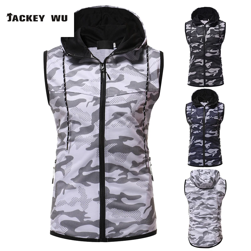 

Men Vest 2019 Fashion Camouflage Sleeveless Hooded Jacket Casual Slim Fitness Workout Zipper Pocket Waistcoat Men's Clothes