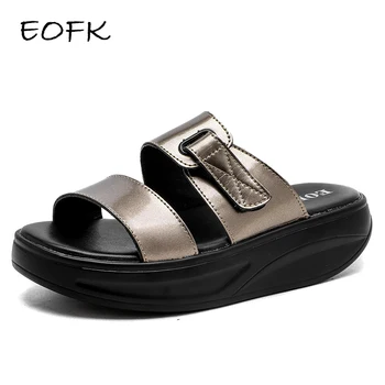 

EOFK Summer Women Slides Flat Platform Quality Thick Bottom Fashion Gold Leather Slippers Women Solid Outside Ladies Slippers