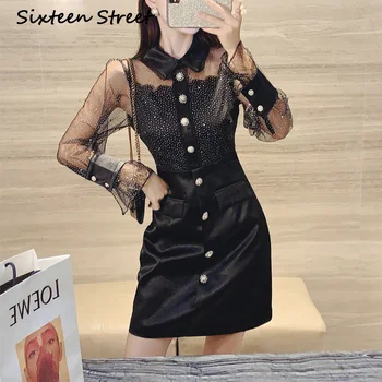 

Autumn new diamond fairy woman dress long sleeve black show slim sweet high waist mini dresses lady party elegant wear spring