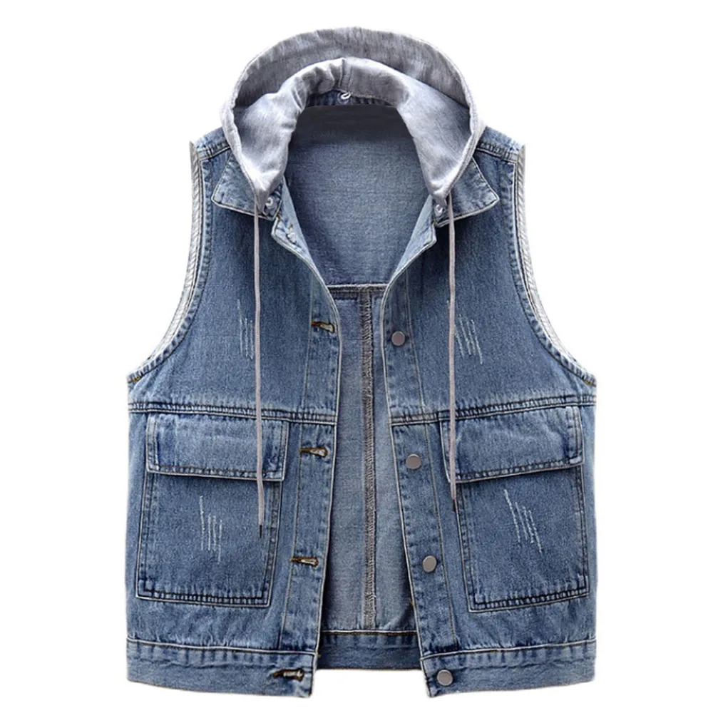 Plus Size Casual Hooded Denim Jacket Vest For Women Fashion Sleeveless Waistcoat Top T-shirt Outside Clothes With Detachable Hat jumpsuits wedding dresses strapless sweep brush train detachable tulle stretch satin sleeveless casual modern with split front