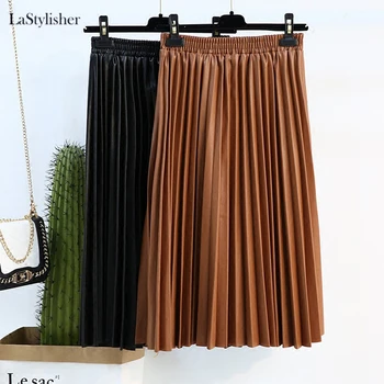 

LaStylisher Casual Black Pleated Skirt Fashion PU Faux Leather Skirt Women Spring Elastic High Waist Korean Ladies Midi Skirts
