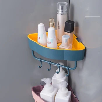 

Free Punch Wall Corner Shower Shelf With Hooks Bathroom Shelve Shampoo Shower Shelf Holder Kitchen Storage Racks Home Organizer