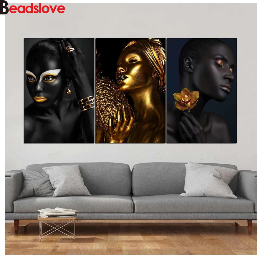 Hallway decoration 3 Pieces Black Gold Makeup Woman Wall Art 5d diamond Painting Modular mosaic rhinestone embroidery | Дом и сад
