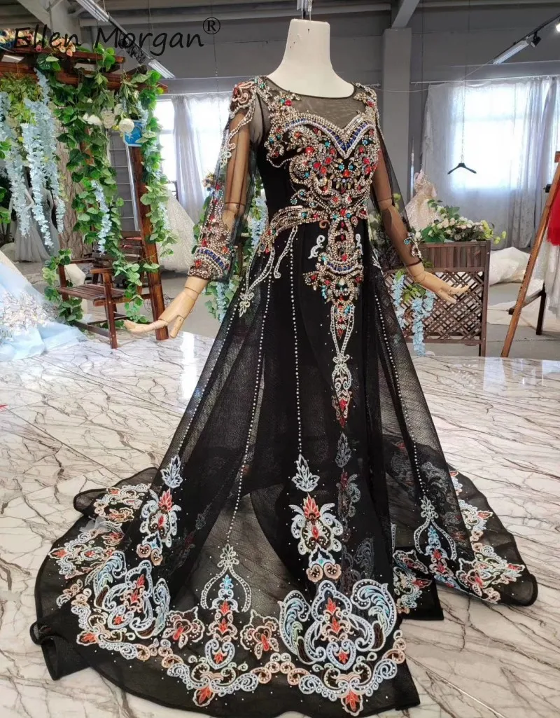 Элегантное арабское вечернее платье русалки 2019 Vestidos de gala Роскошные Длинные рукава хрустальные бусины черные тюлевые платья для
