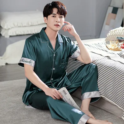 Pajamas men's spring and autumn thin ice silk pajamas men's long-sleeved summer men's pajamas short-sleeved home service suits red plaid pajama pants Men's Sleep & Lounge