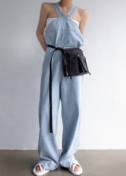 

solid color loose casual overall women jumpsuits wide-leg blue jeans with pocket high waist boyfriend denim overalls for women