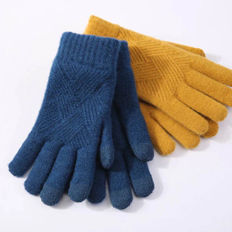 Женские зимние теплые вязаные перчатки на полный палец, мужские однотонные шерстяные перчатки с сенсорным экраном, женские толстые теплые перчатки для езды на велосипеде, H46
