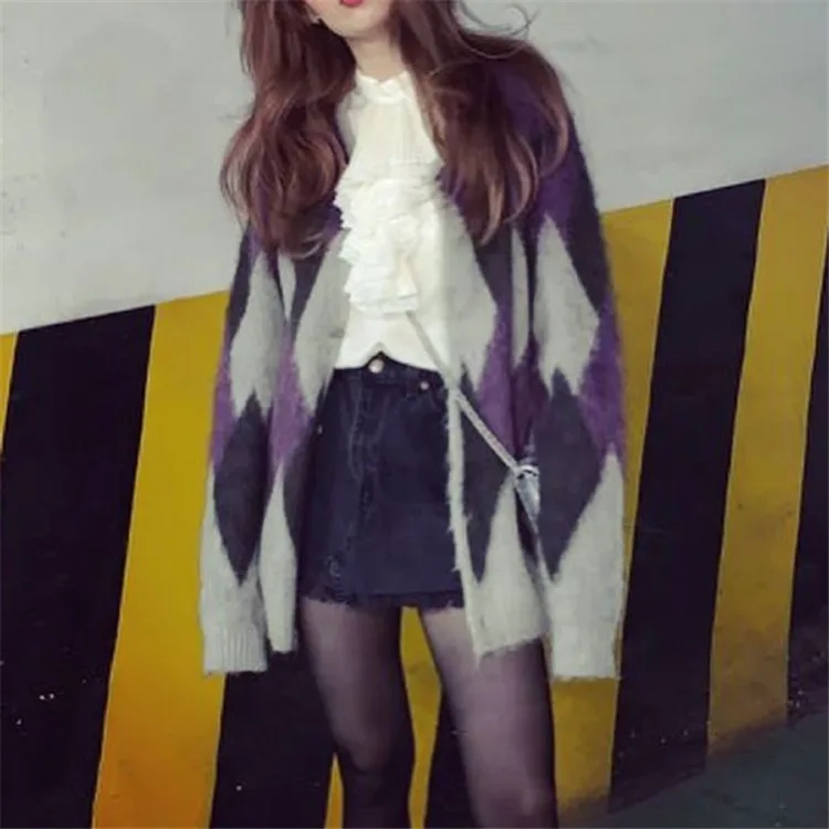 Kpop 4Minute Kim Hyun A Ретро Модный клетчатый свитер с длинными рукавами и ромбами для женщин, осенняя теплая уличная одежда, кардиган, свитера
