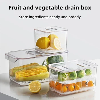 

Kitchen Plastic Storage Box with Vent Fresh-Keeping Box Refrigerator Fruit Vegetable Drain Crisper Storage Containers with Lid