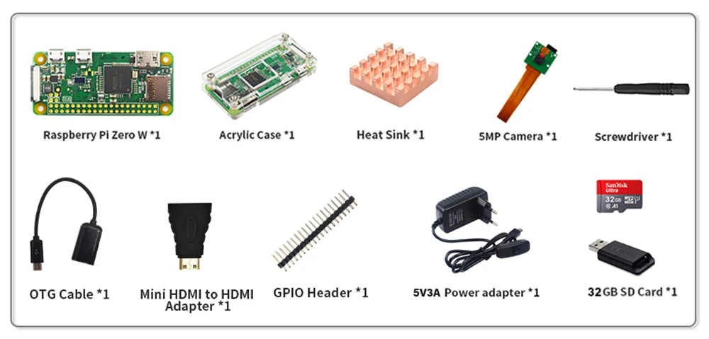 Kit + Case Dissipador de Calor + 2x20 Itinit Raspberry Zero w Starter Acrílico Pinos Gpio Encabeçamento 32g Cartão sd Câmera R703 pi 4 + 2x20 pinos gpio encabeçamento 32g cartão sd câmera