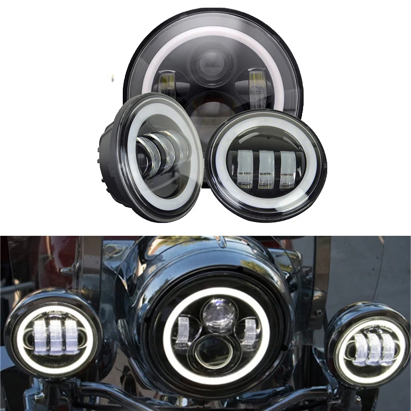 7 ''светодиодный головной светильник для мотоцикла H4 Phare Farol Moto лампа для Harley светильник Electra Glide Softail Fat Boy Touring 4,5 дюймов противотуманный светильник s - Цвет: 40w halo set Black