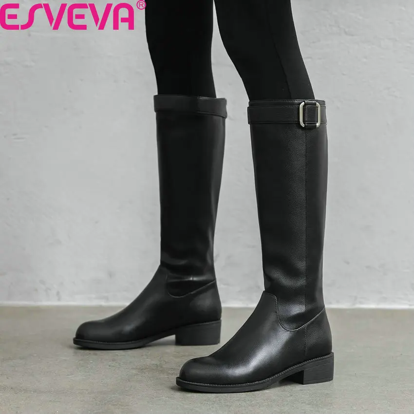 

ESVEVA 2020 Round Toe Autumn Winter Zipper Concise Knee High Boots Cow Leather PU Square Heel All Match Women Shoes Size 34-39