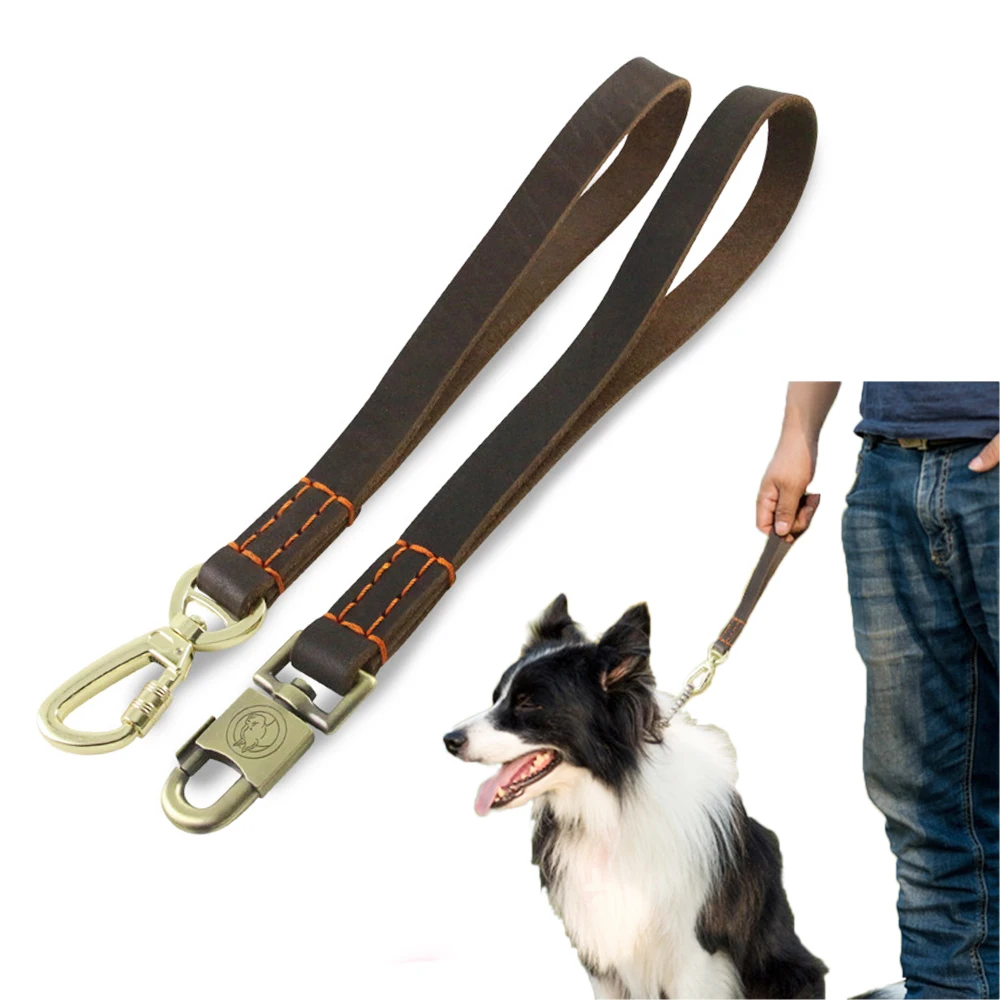 Genuine Leather Short Dog Leash Explosionproof Dog Traction Belt One