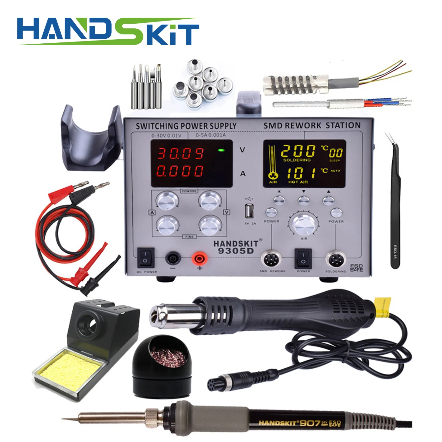 Паяльная станция HANDSKIT9305D 110 В/220 В 4 в 1 30 5A постоянный ток SMD с горячим воздухом