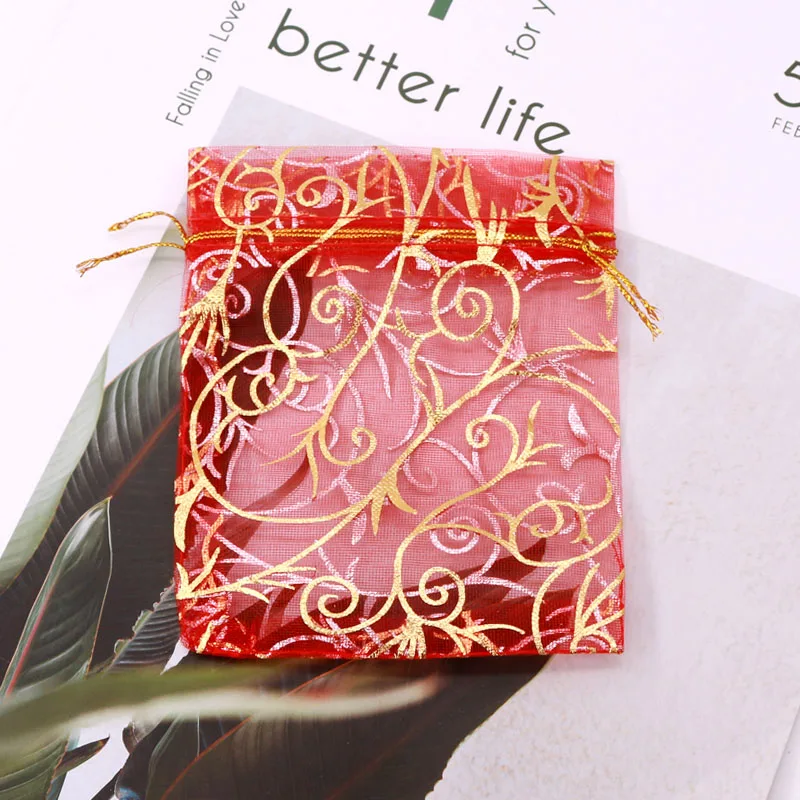 red 9x12cm Gold Branch Printed Drawable Organza Bags 500pcs/lot Wedding Party Gifts Candy Jewelry Bracelet Packaging Pouches Bags - Цвет: red