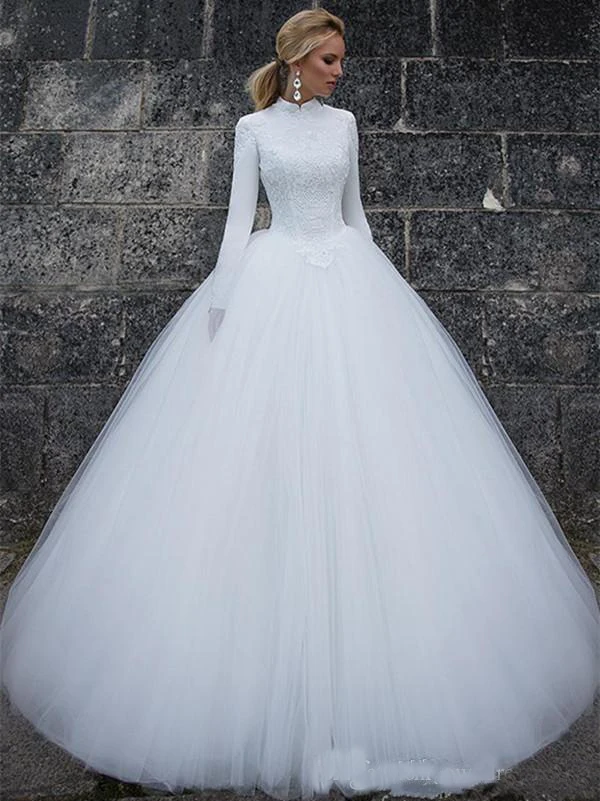 

Gorgeous White Ivory Wedding Dresses 2020 High Neck Long Sleeves Lace Applique robes de mariйe Long Muslim Bridal Gowns