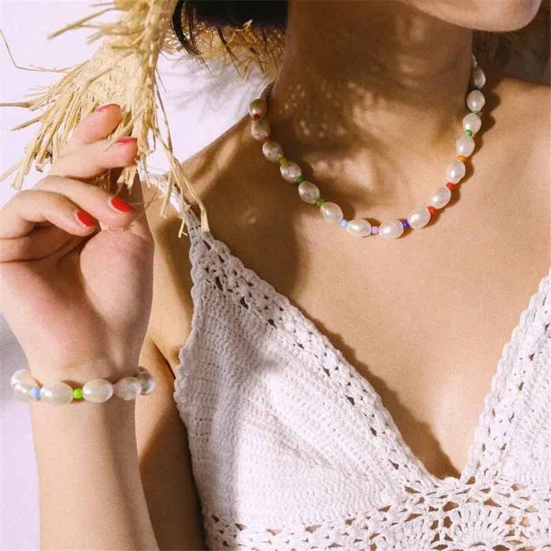 Free Shipping Baroque Pearl Chain Necklace Gift Jewelry Bohemian Beach Holiday Colorful Acrylic Bead Choker necklaces for Women | Украшения
