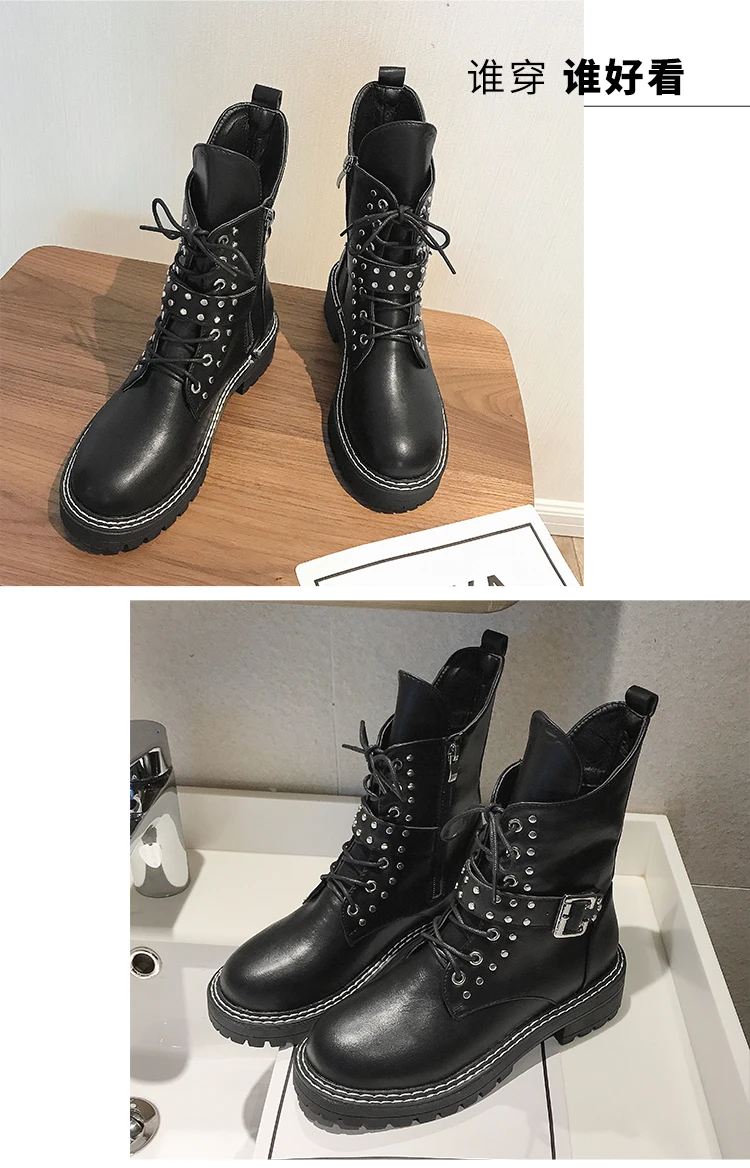 Черные Ботинки martin с перекрестной шнуровкой bottes femme женские мотоциклетные ботинки на толстом каблуке до середины икры, 2 стиля, металлические сапоги