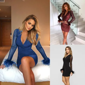 

BacklakeGirls Cocktail Dresses Royal Blue Fashion Long Sleeves V Neck Sexy Party Gowns Cheap Above Knee Bodycon Dress