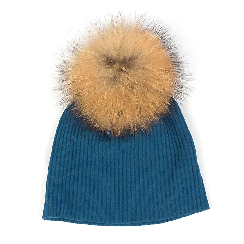 Осенне-зимние шапки для маленьких девочек с помпоном из натурального меха, мягкие теплые вязаные хлопковые шапки-бини - Цвет: blue-3