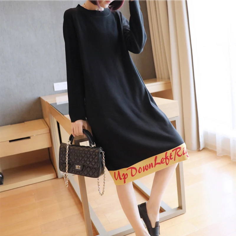 [DEAT] Mature Elegant Dress Women Knit Leisure Loose Letter Print Panelled Classic Full Sleeve O Collar Knee Length19M-a259 - Цвет: black