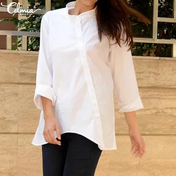 

2020 Summer Tops Women Vintage Cotton Linen Blouses Celmia White Shirt Casual Loose Button Asymmetrical Tunic Blusas Mujer S-5XL