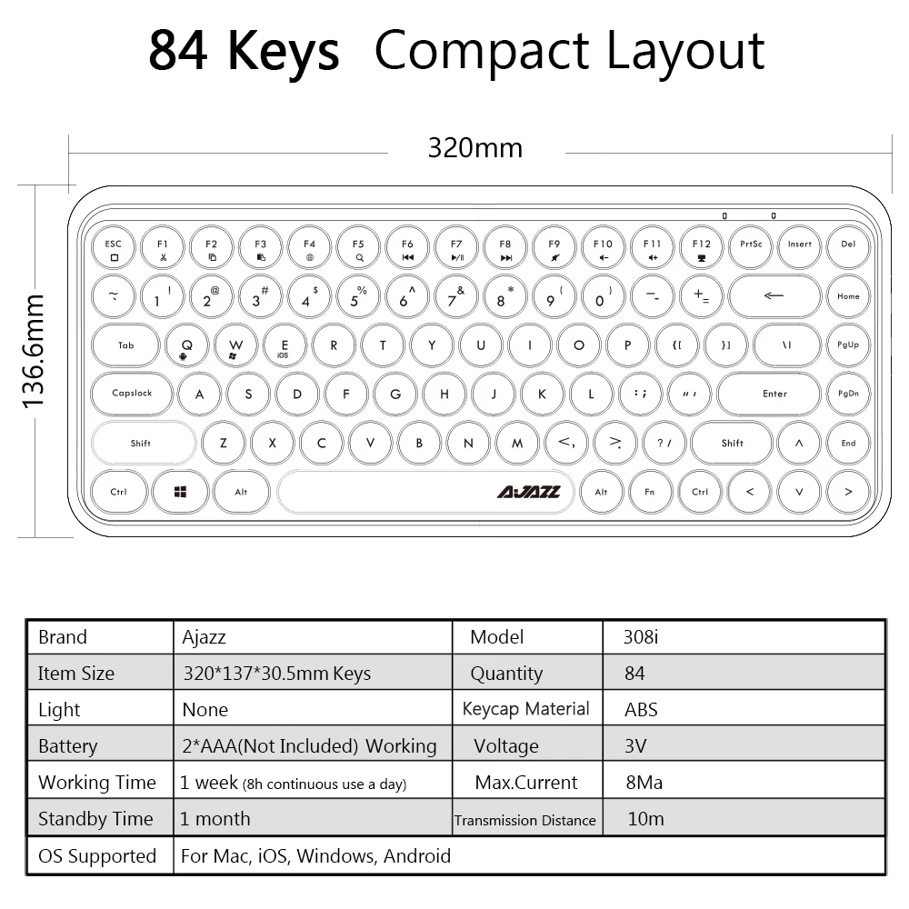 Ajazz 308i Беспроводная BT Клавиатура 84 классические круглые клавиши Беспроводная игровая клавиатура для Windows Mac Android iOS мультимедийный ключ
