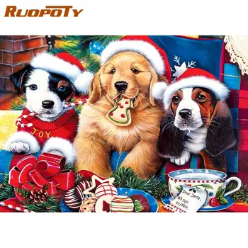 

RUOPOTY Framed Three Dogs Wear Christmas Hat Painting By Number Kits Home Decoration Oil Painting Kids Bedroom Artcraft Canvas