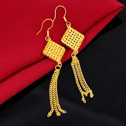 Real 100% 14 K Yellow Gold Tassel Drop Earrings for Women Gold Grid Shaped Gemstone Garnet Jewelry Earring Gift Not Fade