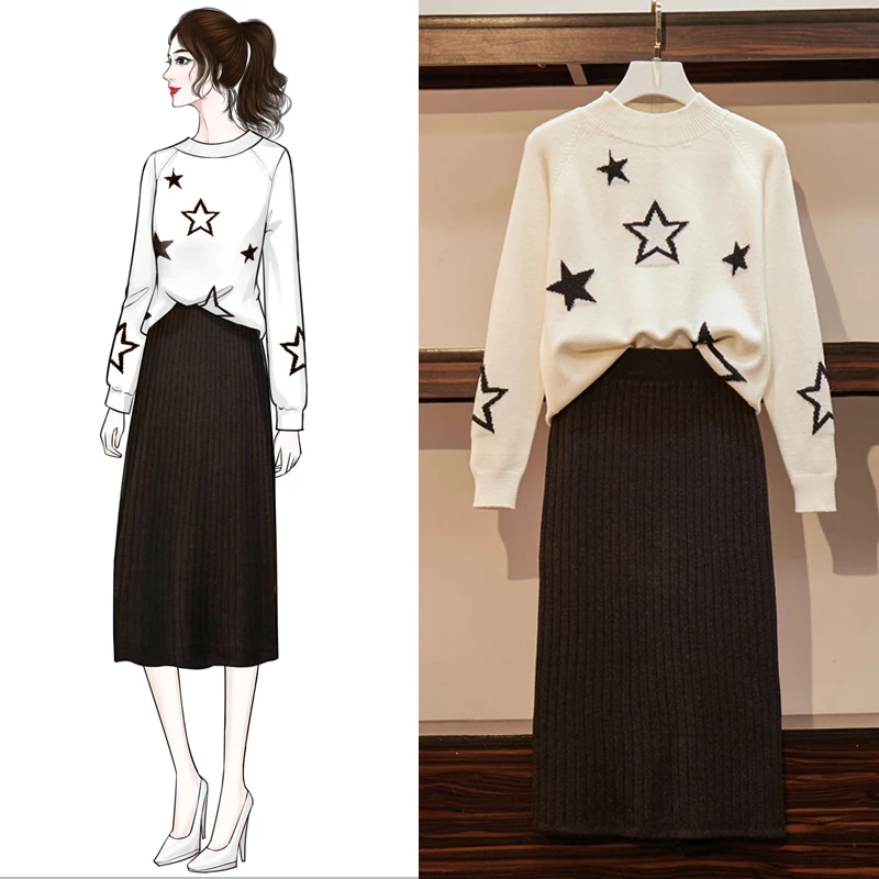 

2019 Autumn Winter Two Piece Set Women Casual Fashion sweaters + Knitting Skirts 2 Piece skirt Set 2 Piece Outfits for women