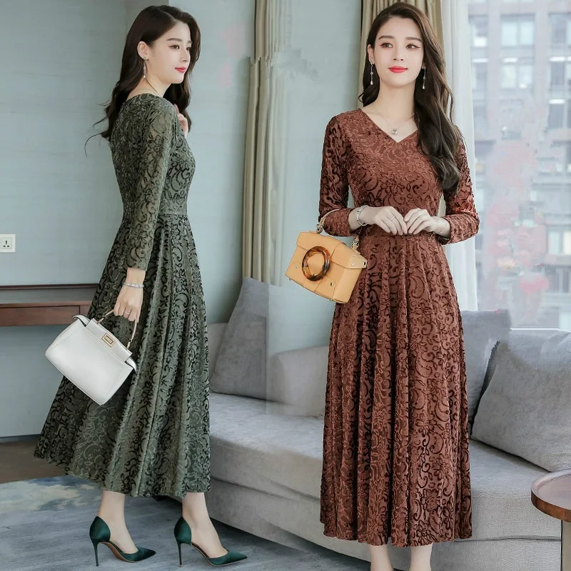

2019 WOMEN'S Dress Korean-style Mid-length Early Autumn Long Sleeve Mature Elegant Feminine Gold Velvet Dress Spring
