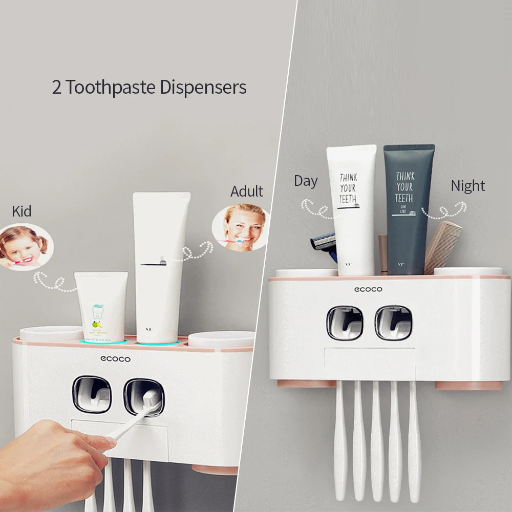 Настенный держатель для зубных щеток ECOCO с 2 дозаторами для зубной пасты, 4 стакана и 5 слотов для зубных щеток, Стеллаж Для Хранения Туалетных принадлежностей в ванной комнате