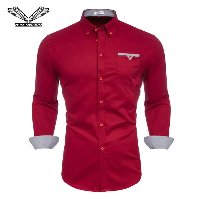 Fashion Men's Shirts Long Sleeve Slim Fit Men's Casual Shirts Formal Dress Shirts Men Clothes Turn-Down Collar N5045 - Color: Red 69