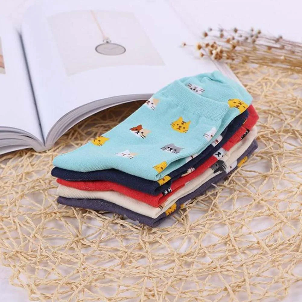 5 пар, милые тянущиеся повседневные женские носки с изображением кота на осень и зиму, смешанный хлопок, подарок для девушек, теплые рождественские носки, разные цвета