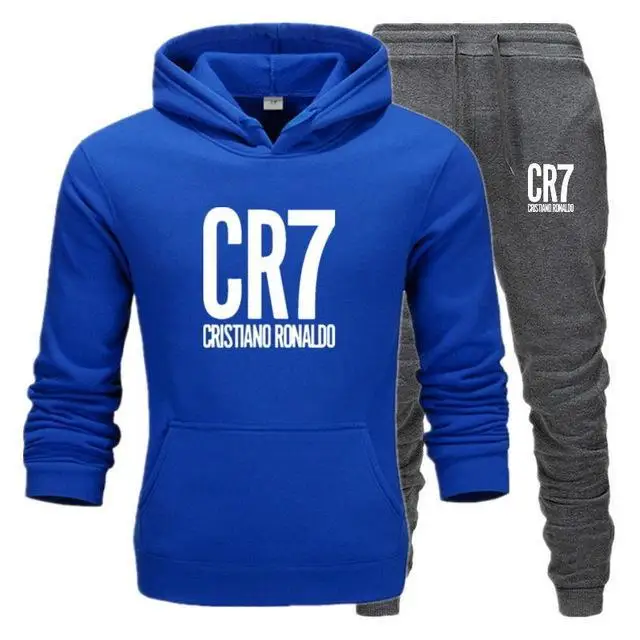 blue Dark grey-B Мужской спортивный костюм, зимний флисовый капюшон CR7, куртка с принтом+ штаны, толстовка, мужской комплект из 2 предметов, толстовки, спортивный костюм, пальто - Цвет: blue Dark grey-B